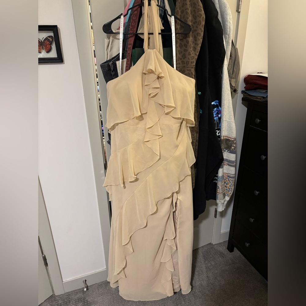 Azazie Velma A-Line Side Slit Chiffon Dress (Champagne, Size
20)